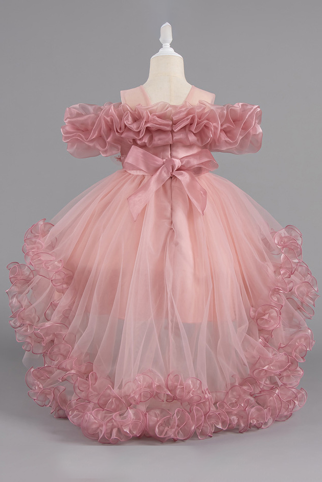 Pink Off-Shoulder Chiffon Tulle Ruffles & Back Satin Bow Dress
