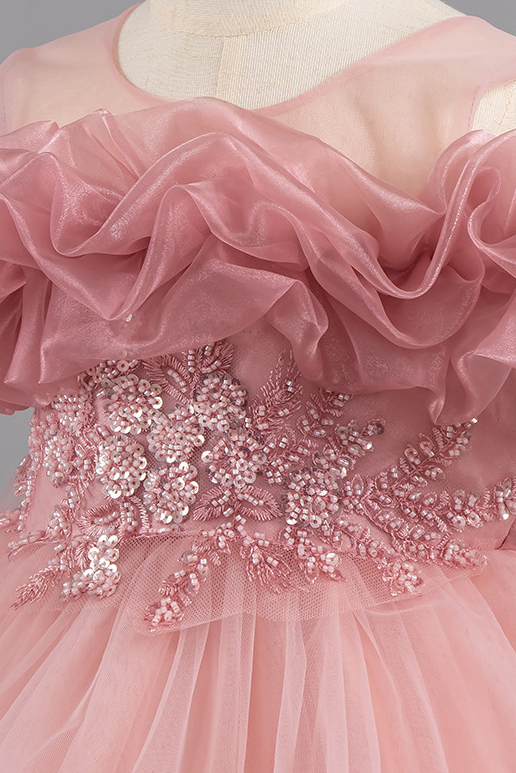 Pink Off-Shoulder Chiffon Tulle Ruffles & Back Satin Bow Dress