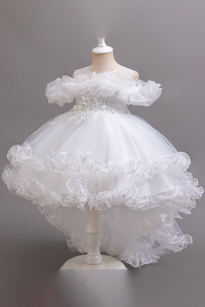 Pink Off-Shoulder Chiffon Tulle Ruffles & Back Satin Bow Dress
