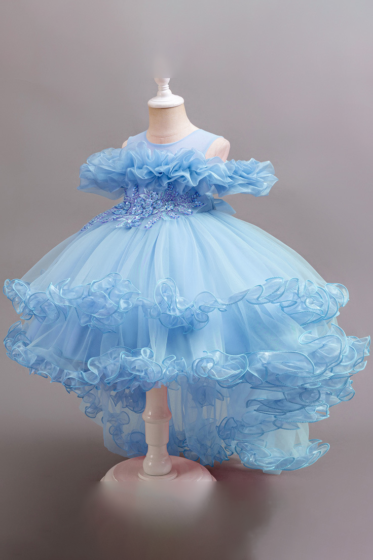 Pink Off-Shoulder Chiffon Tulle Ruffles & Back Satin Bow Dress