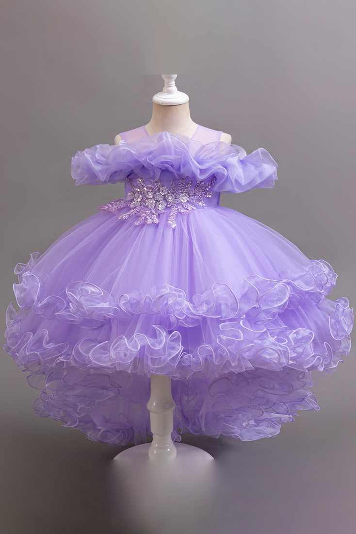 Pink Off-Shoulder Chiffon Tulle Ruffles & Back Satin Bow Dress