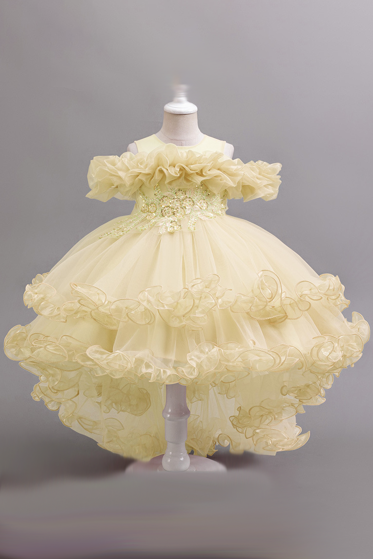 Pink Off-Shoulder Chiffon Tulle Ruffles & Back Satin Bow Dress