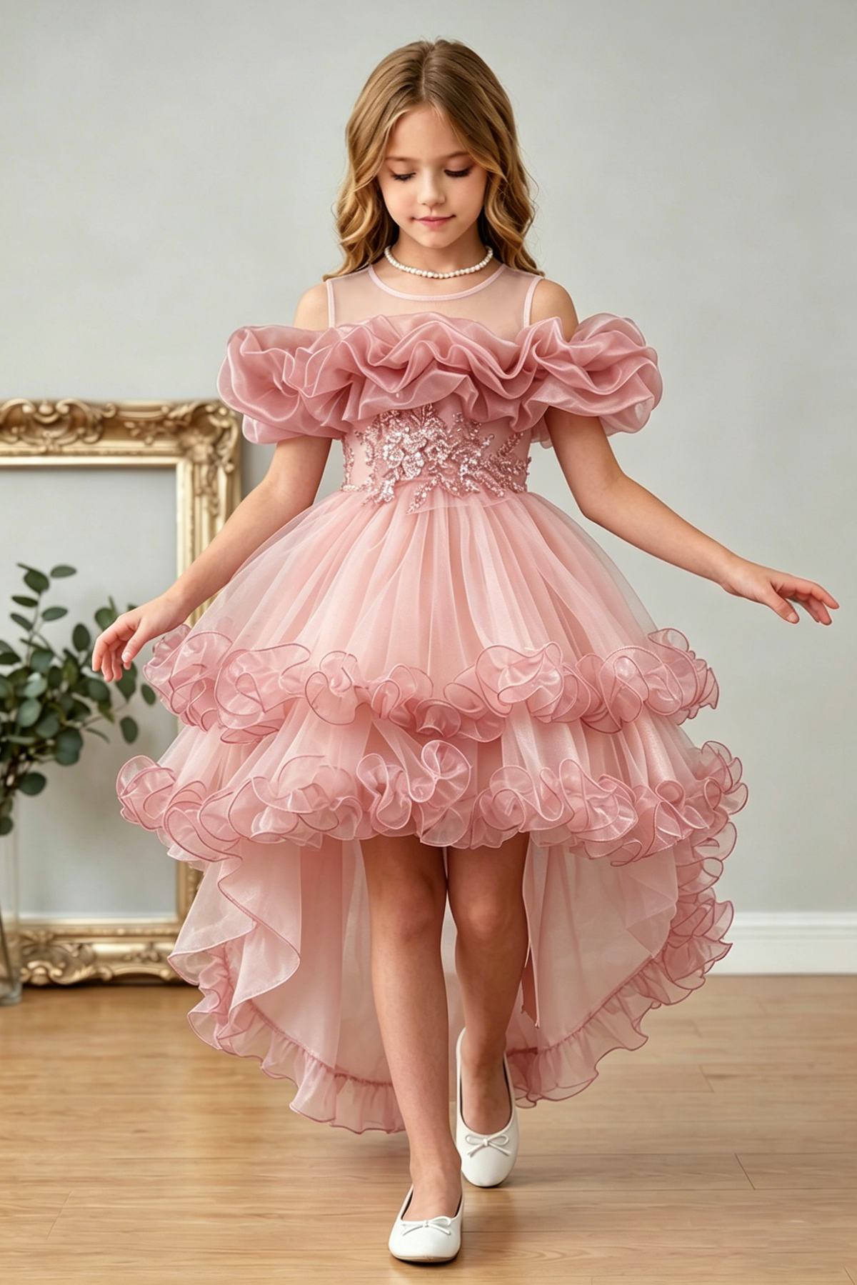 Pink Off-Shoulder Chiffon Tulle Ruffles & Back Satin Bow Dress