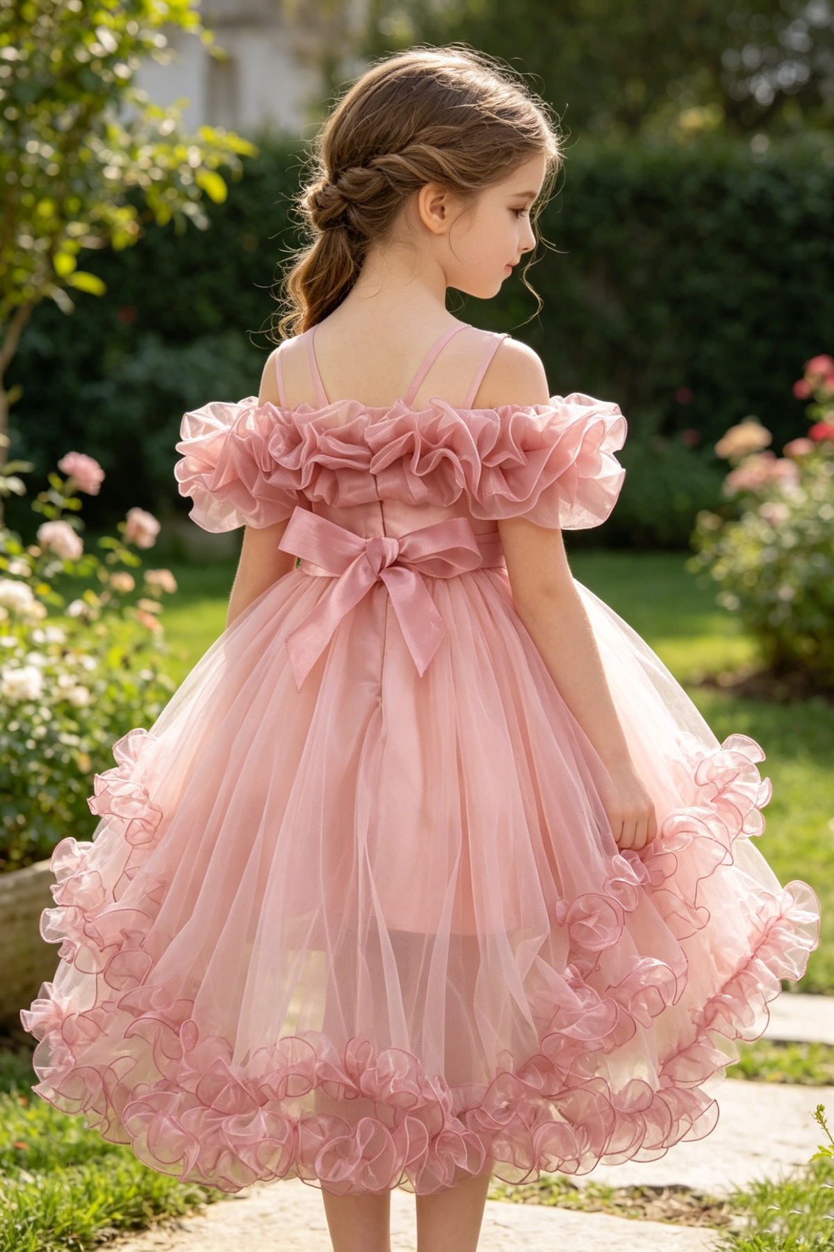 Pink Off-Shoulder Chiffon Tulle Ruffles & Back Satin Bow Dress