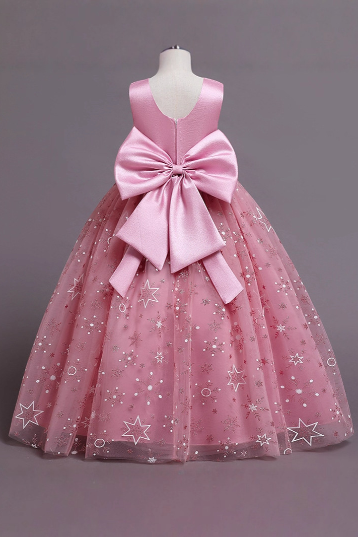 Pink Satin Bodice Silver Glitter Tulle Big Satin Bow Dress