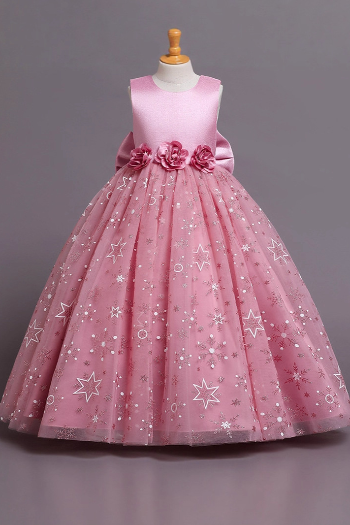 Pink Satin Bodice Silver Glitter Tulle Big Satin Bow Dress