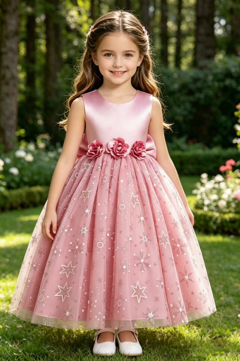 Pink Satin Bodice Silver Glitter Tulle Big Satin Bow Dress