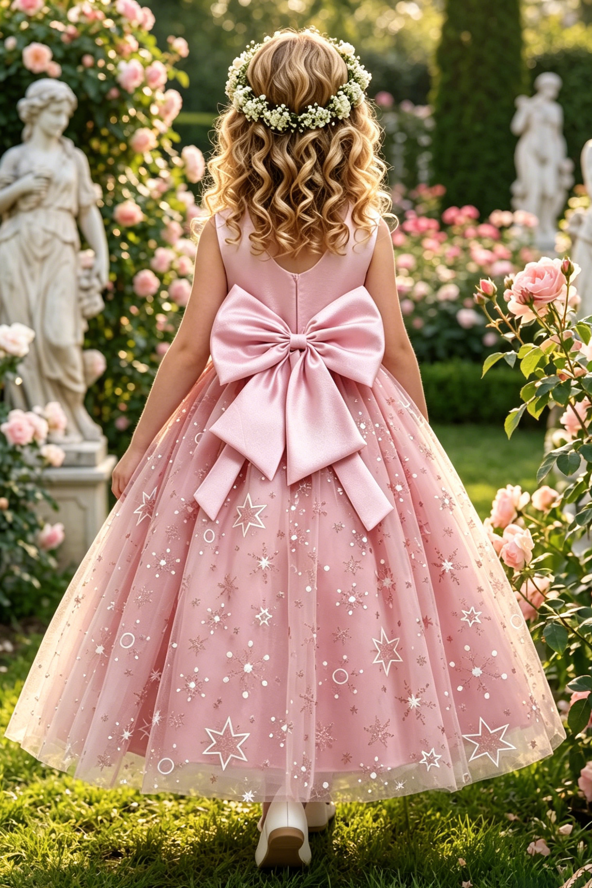 Pink Satin Bodice Silver Glitter Tulle Big Satin Bow Dress