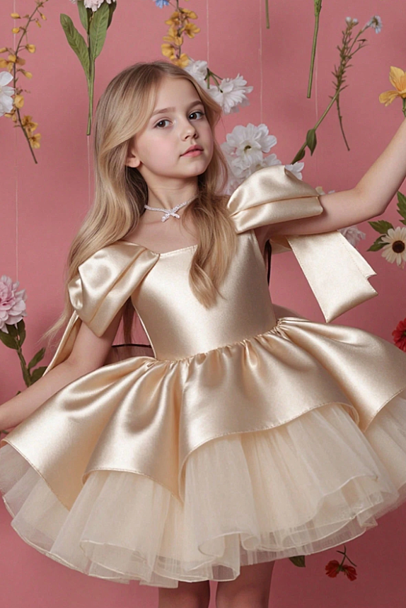 Champagne Off-Shoulder Satin Tulle Oversized Shoulder Bows Dress