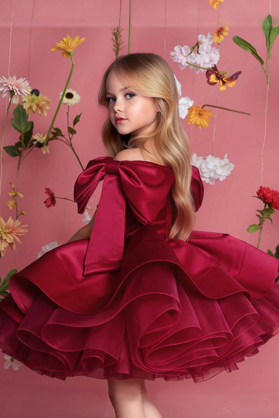Champagne Off-Shoulder Satin Tulle Oversized Shoulder Bows Dress