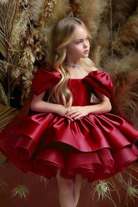Champagne Off-Shoulder Satin Tulle Oversized Shoulder Bows Dress