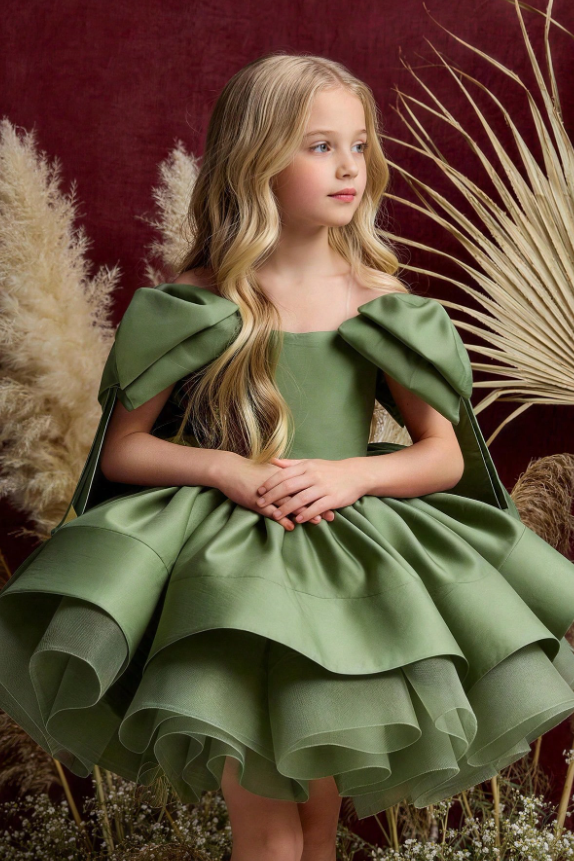 Champagne Off-Shoulder Satin Tulle Oversized Shoulder Bows Dress