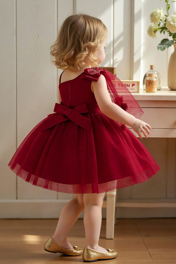 Wine Red One Shoulder Lace Flower Short Tulle Party Dress