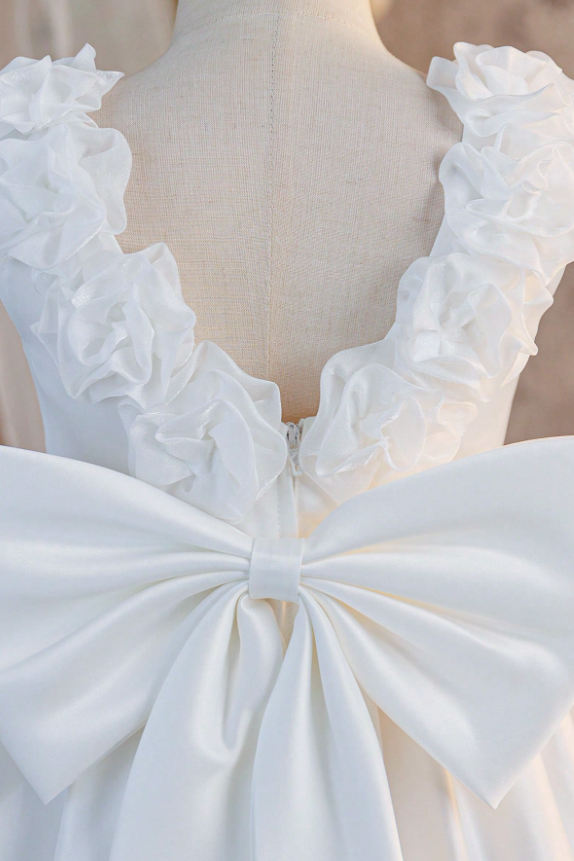 White Satin A-Line Pearl Floral Oversized Back Bow Dress