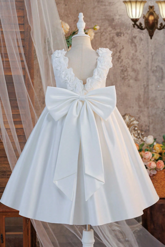 White Satin A-Line Pearl Floral Oversized Back Bow Dress