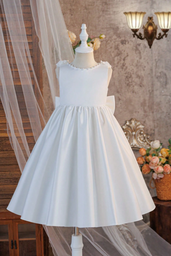 White Satin A-Line Pearl Floral Oversized Back Bow Dress