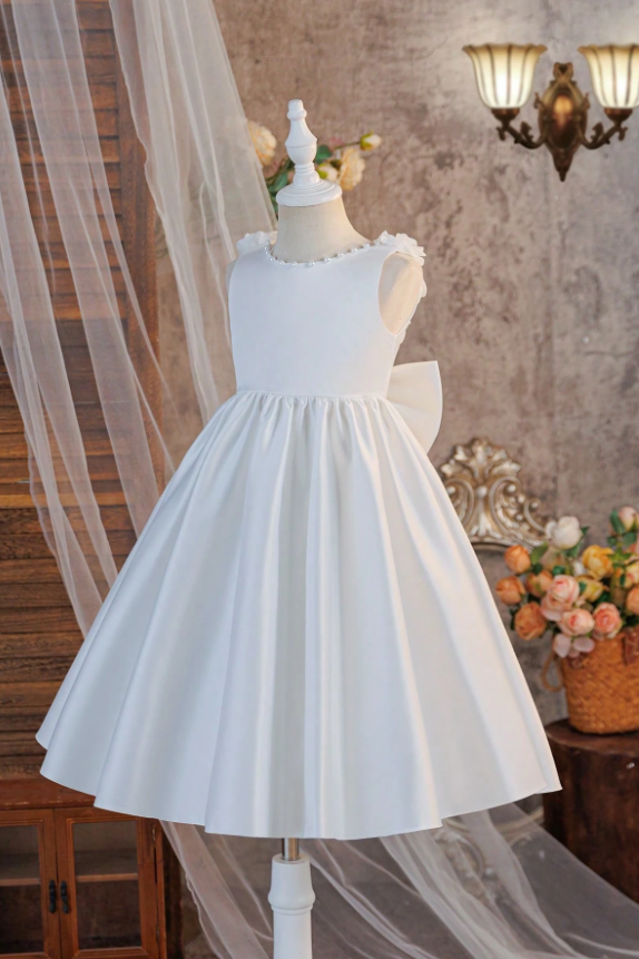 White Satin A-Line Pearl Floral Oversized Back Bow Dress