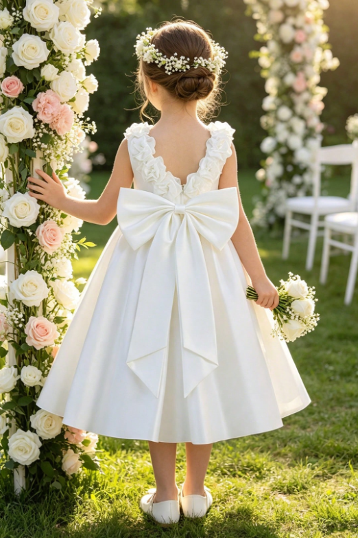 White Satin A-Line Pearl Floral Oversized Back Bow Dress