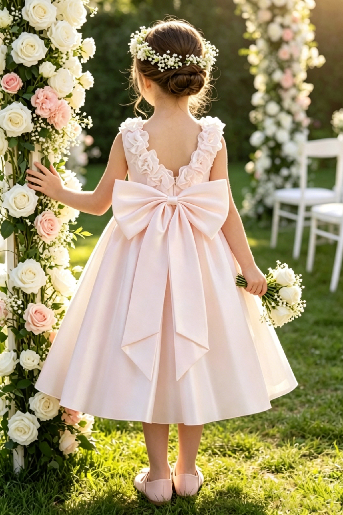 White Satin A-Line Pearl Floral Oversized Back Bow Dress