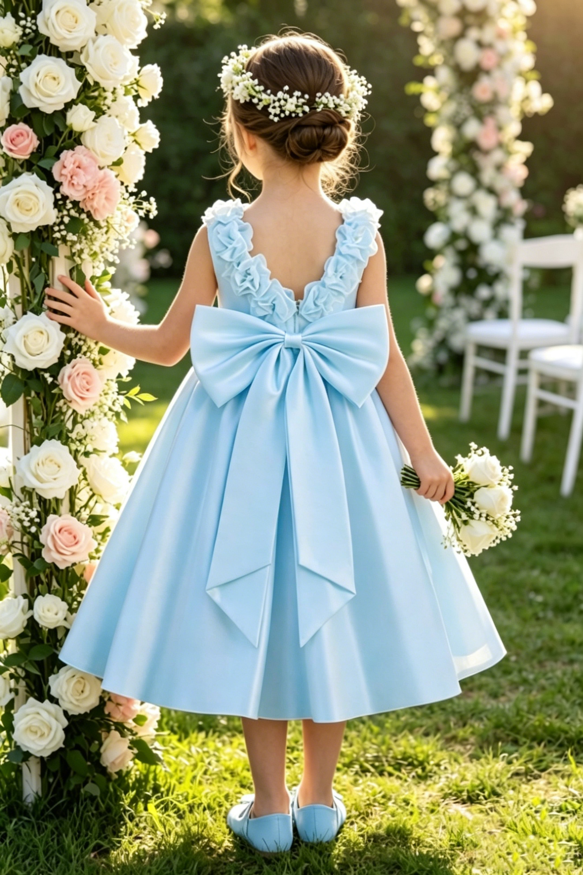 White Satin A-Line Pearl Floral Oversized Back Bow Dress