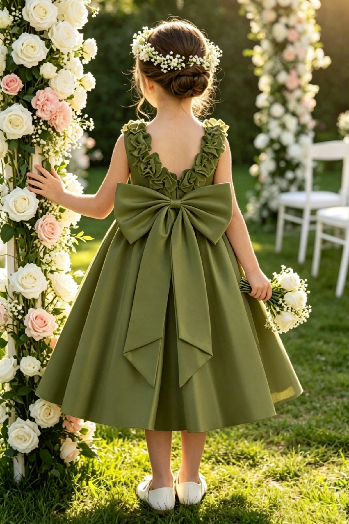 White Satin A-Line Pearl Floral Oversized Back Bow Dress