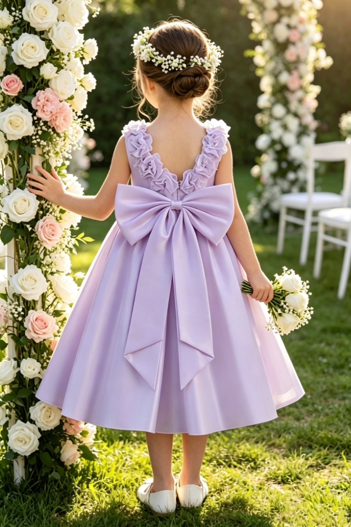 White Satin A-Line Pearl Floral Oversized Back Bow Dress