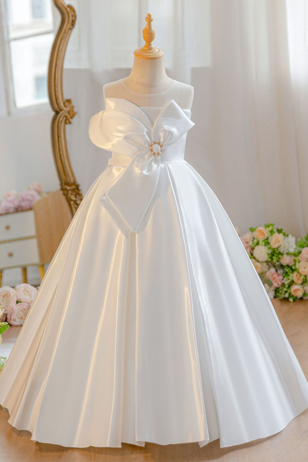 Light Blue Satin Oversized 3D Floral Bow A-Line Flower Girl Dress