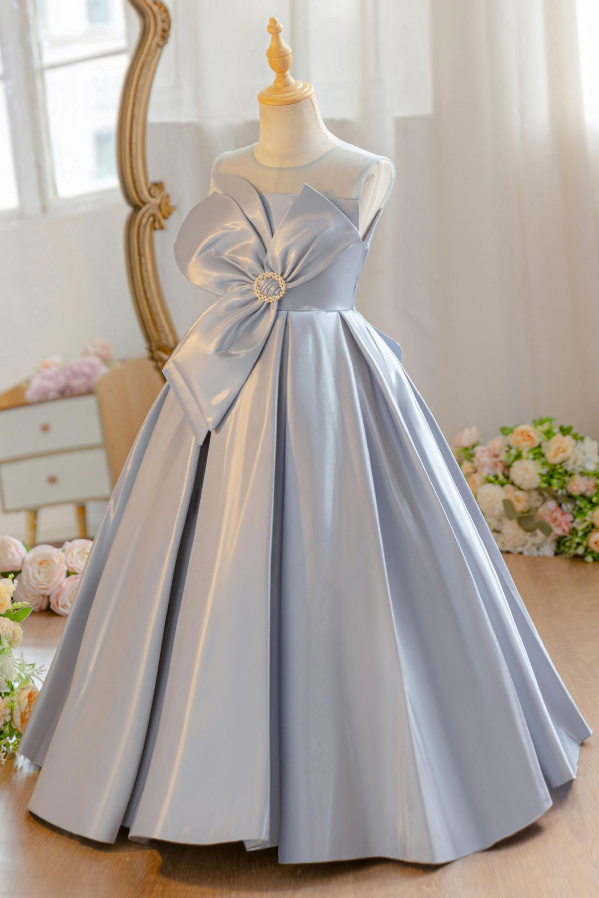 Light Blue Satin Oversized 3D Floral Bow A-Line Flower Girl Dress
