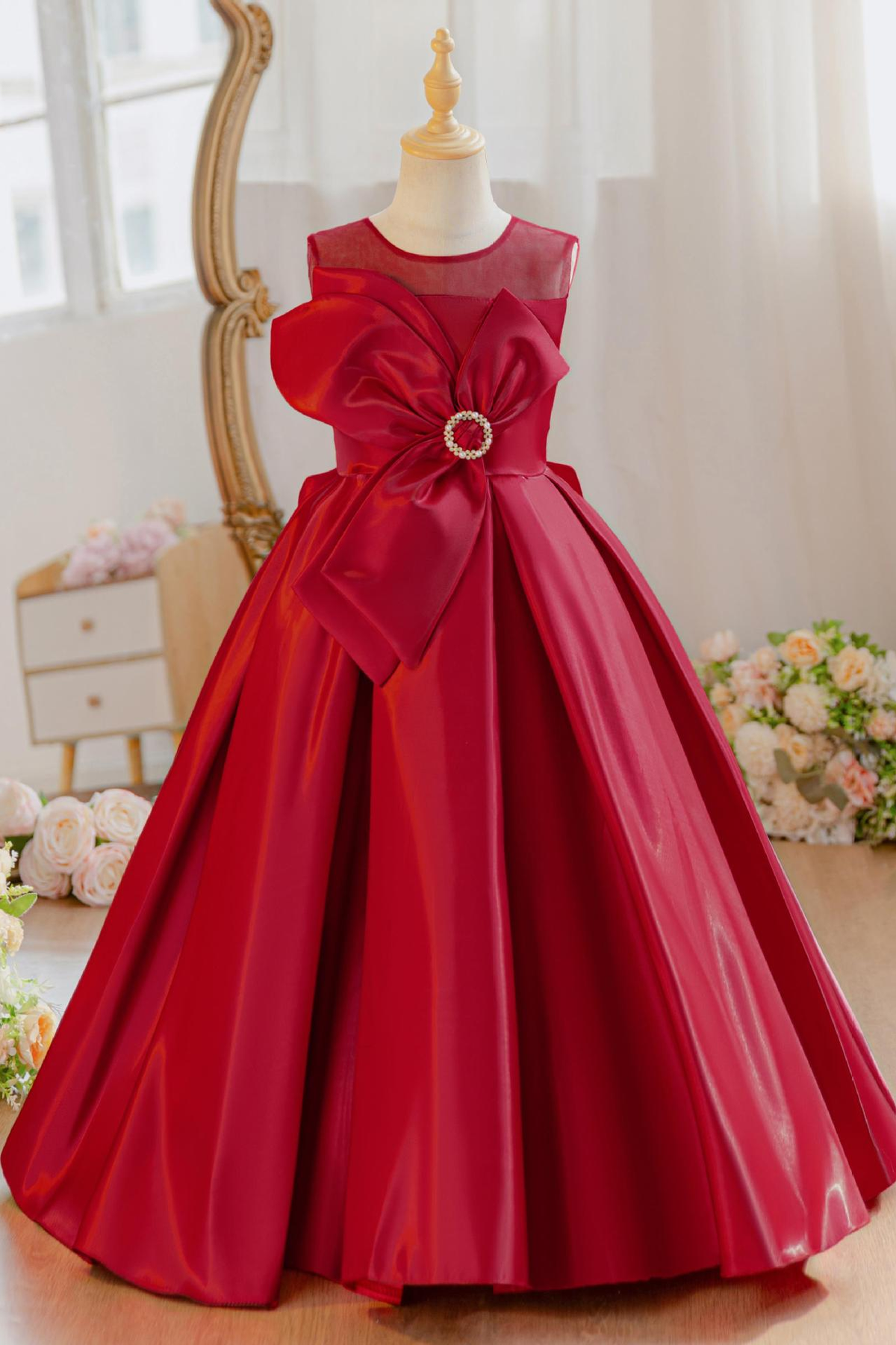 Light Blue Satin Oversized 3D Floral Bow A-Line Flower Girl Dress