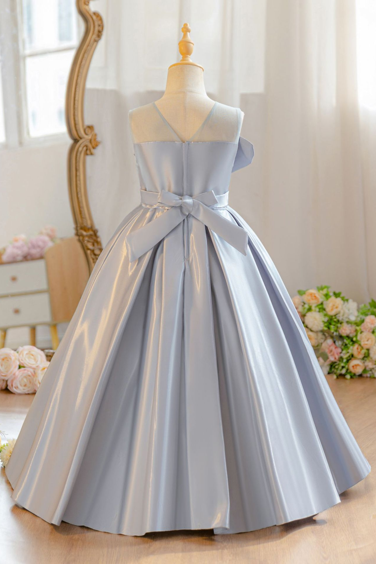 Light Blue Satin Oversized 3D Floral Bow A-Line Flower Girl Dress