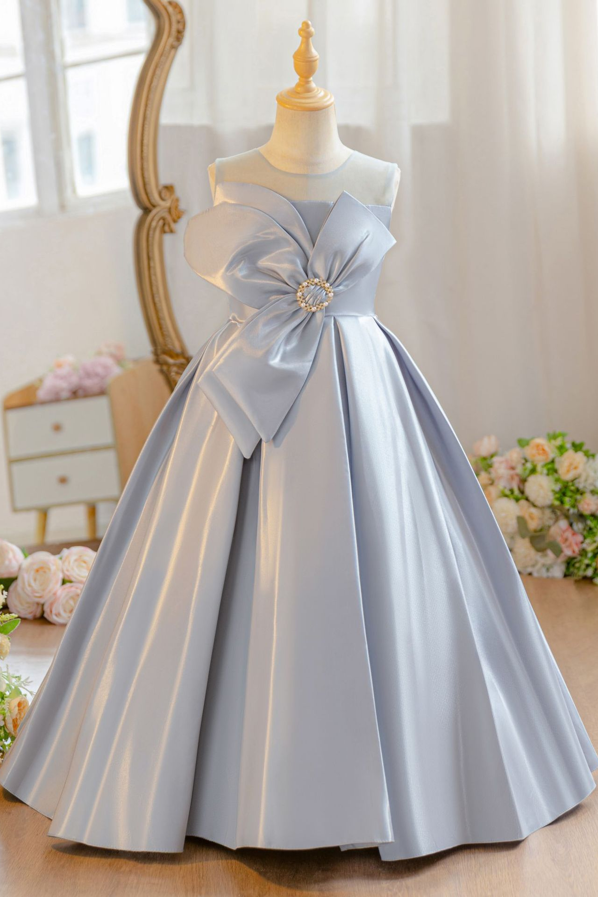 Light Blue Satin Oversized 3D Floral Bow A-Line Flower Girl Dress
