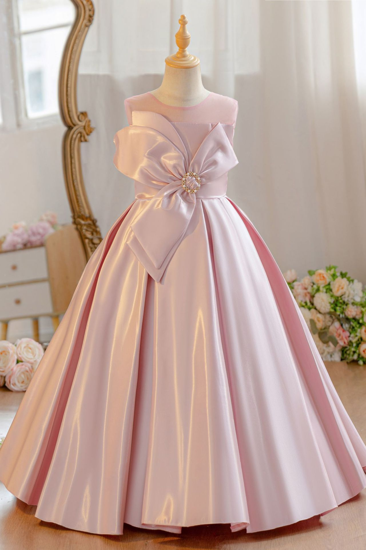 Light Blue Satin Oversized 3D Floral Bow A-Line Flower Girl Dress