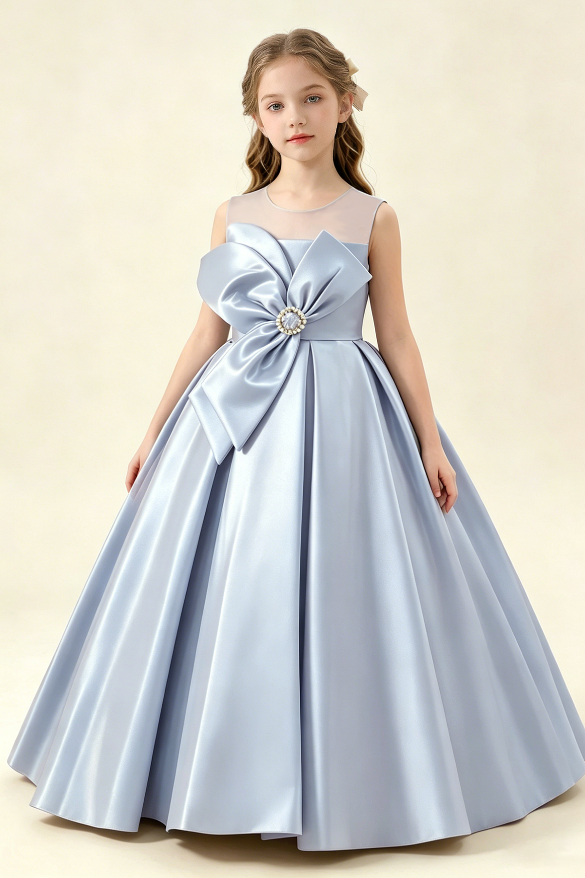 Light Blue Satin Oversized 3D Floral Bow A-Line Flower Girl Dress
