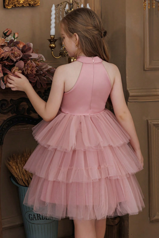 Dusty Pink Tulle Halter Tiered 3D Floral Trims A-Line Formal Dress