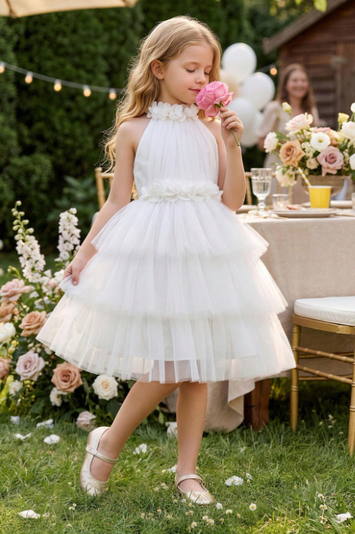 Dusty Pink Tulle Halter Tiered 3D Floral Trims A-Line Formal Dress