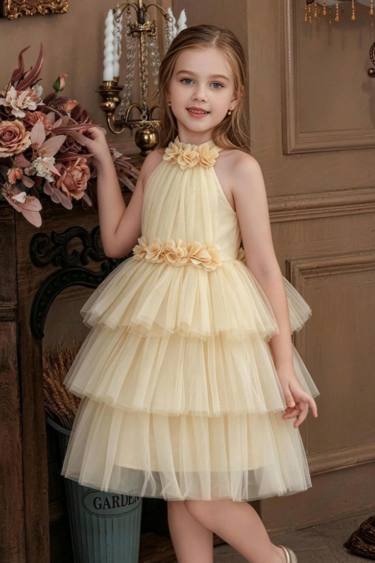 Dusty Pink Tulle Halter Tiered 3D Floral Trims A-Line Formal Dress