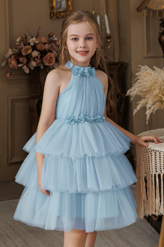 Dusty Pink Tulle Halter Tiered 3D Floral Trims A-Line Formal Dress