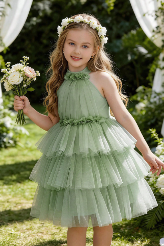 Dusty Pink Tulle Halter Tiered 3D Floral Trims A-Line Formal Dress