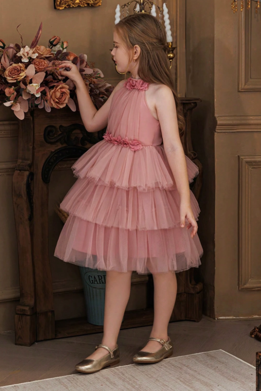 Dusty Pink Tulle Halter Tiered 3D Floral Trims A-Line Formal Dress