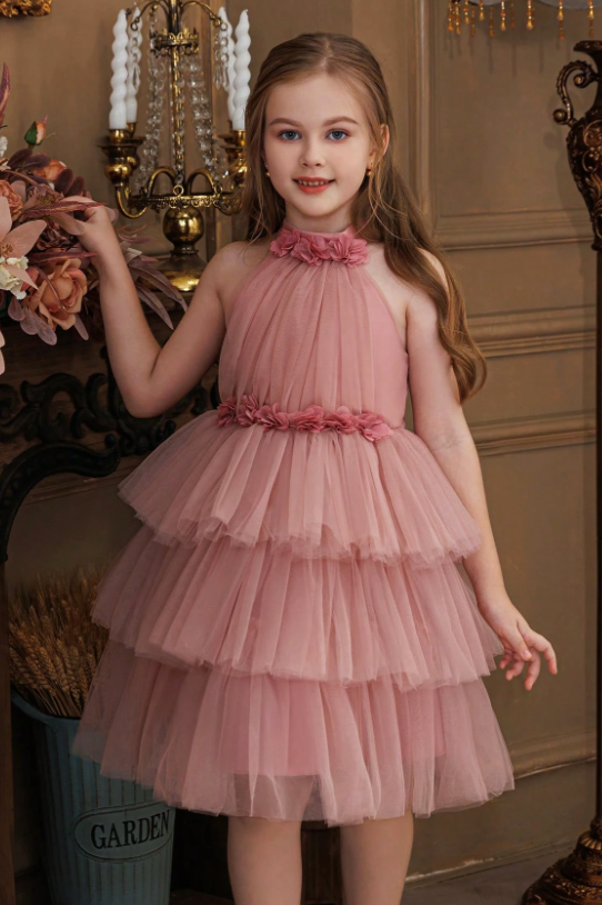 Dusty Pink Tulle Halter Tiered 3D Floral Trims A-Line Formal Dress