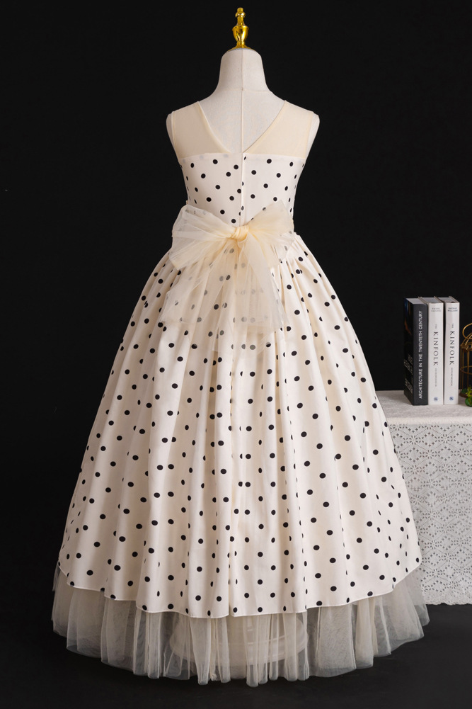 Champagne Polka Dot Sleeveless Tulle Florals A-Line Dress