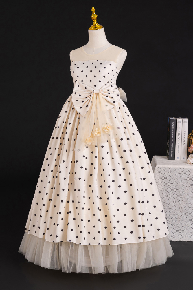 Champagne Polka Dot Sleeveless Tulle Florals A-Line Dress