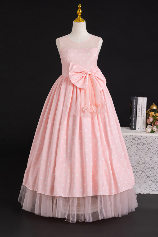 Champagne Polka Dot Sleeveless Tulle Florals A-Line Dress