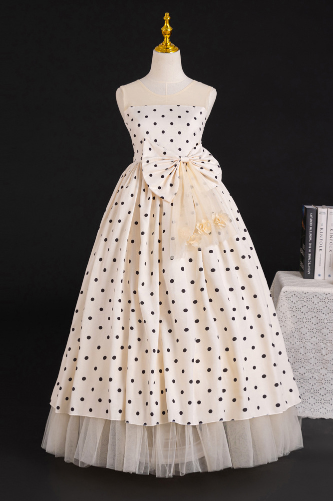 Champagne Polka Dot Sleeveless Tulle Florals A-Line Dress