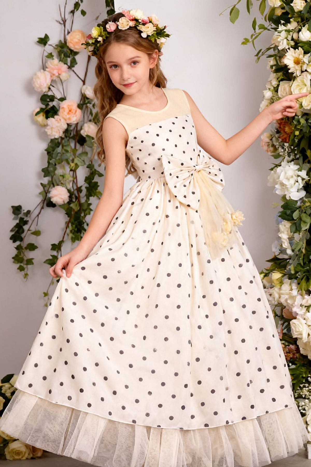 Champagne Polka Dot Sleeveless Tulle Florals A-Line Dress