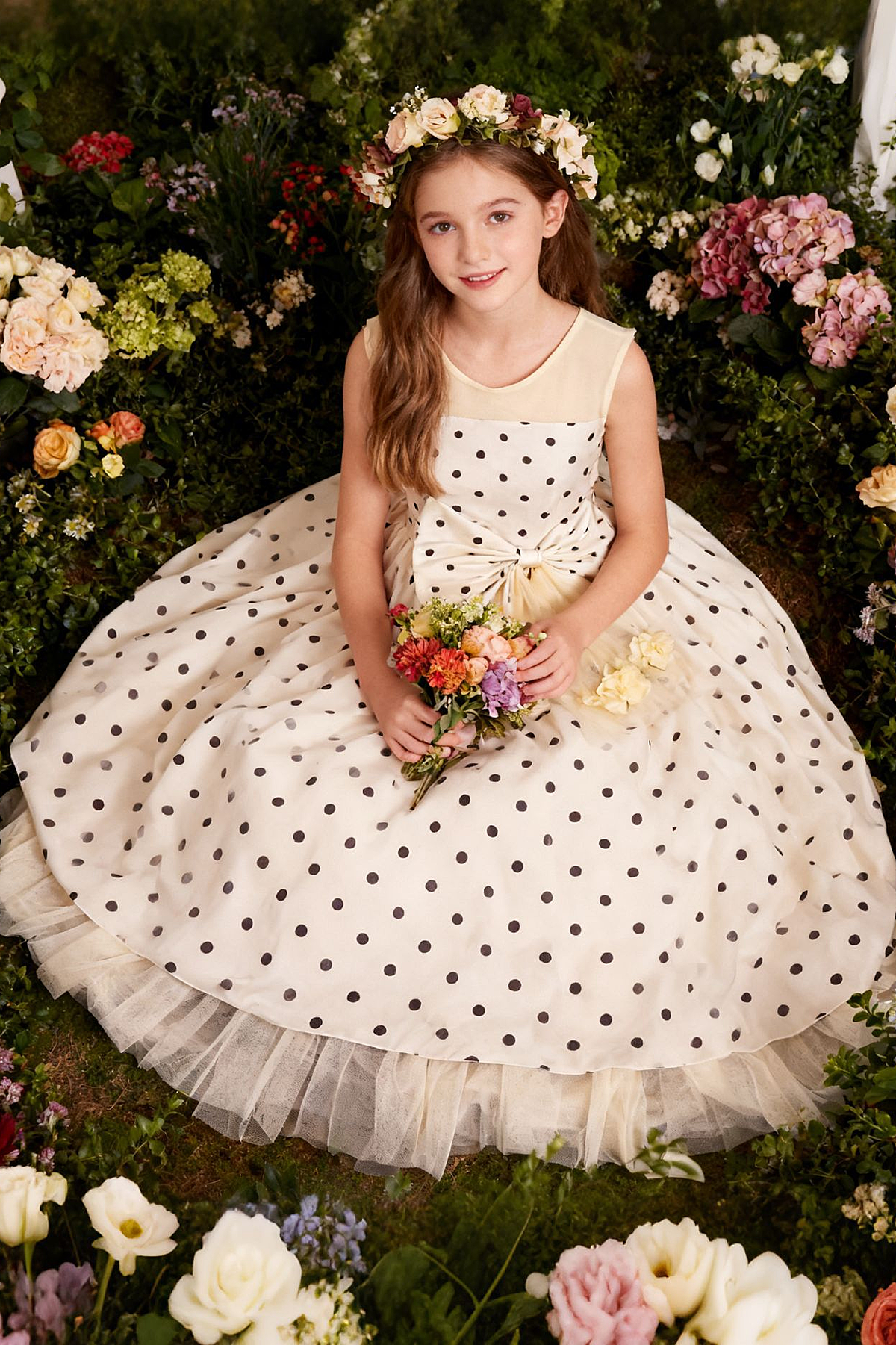 Champagne Polka Dot Sleeveless Tulle Florals A-Line Dress