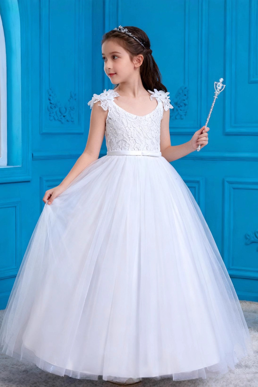 White Lace Tulle Floor-Length A-Line Dress