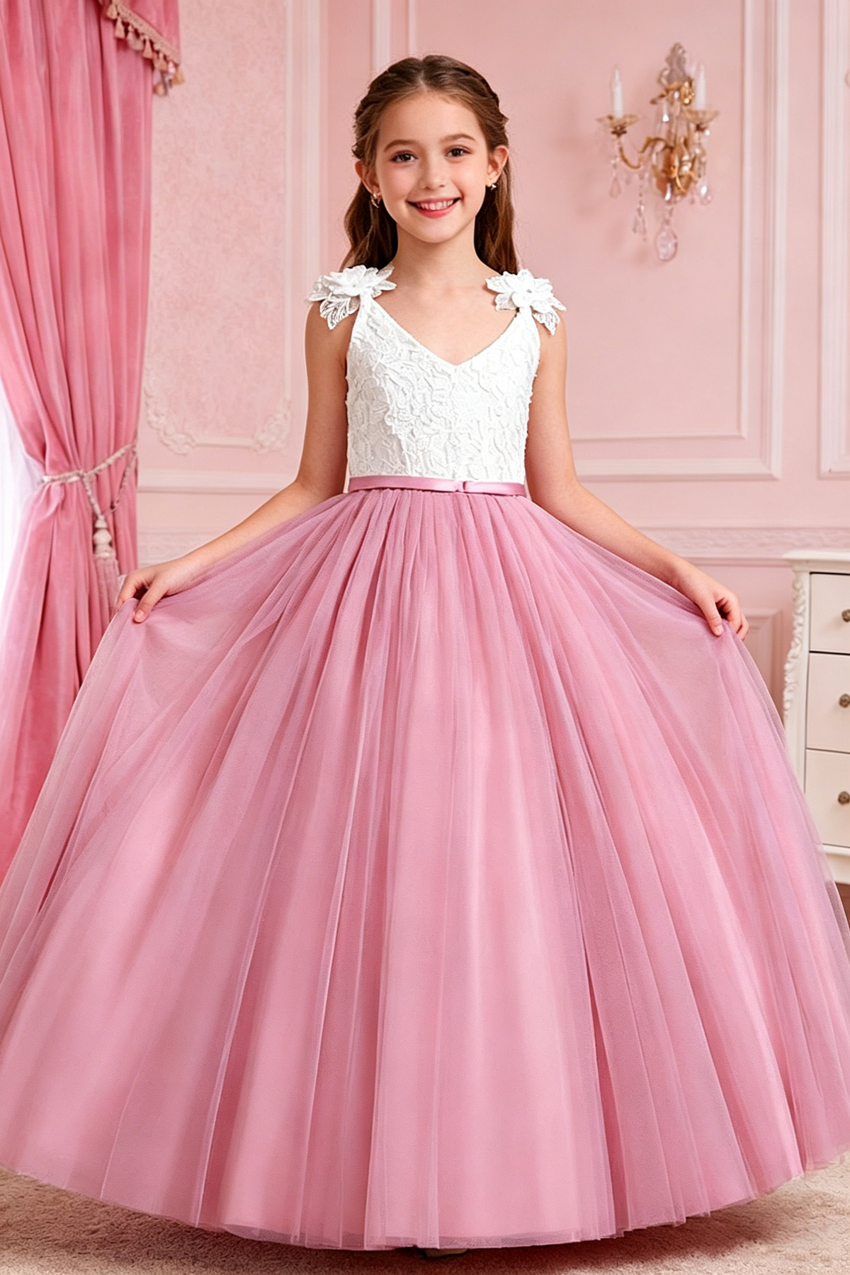 White Lace Tulle Floor-Length A-Line Dress