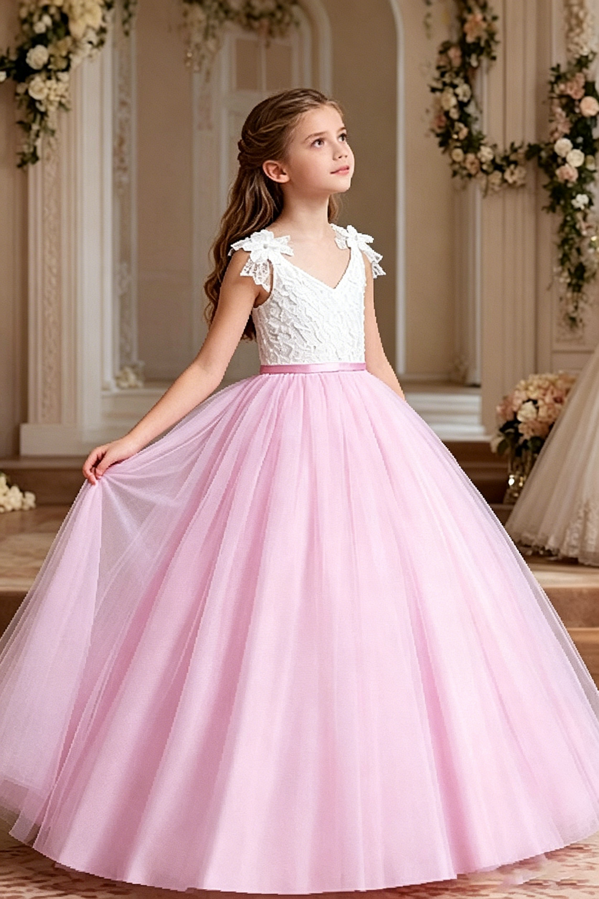 White Lace Tulle Floor-Length A-Line Dress