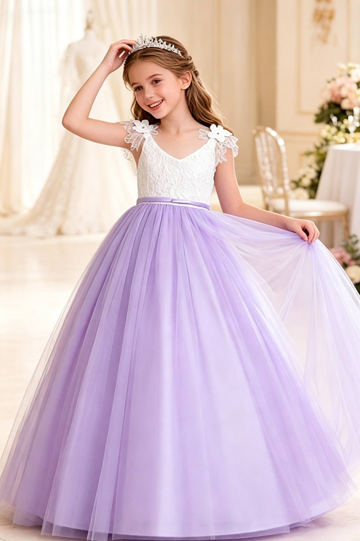 White Lace Tulle Floor-Length A-Line Dress